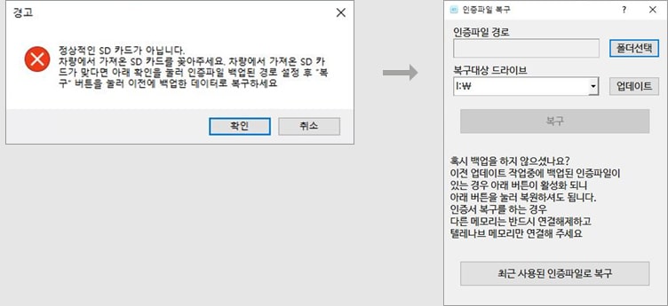 ※ SD카드에 인증파일이 없을 경우, 아래와 같이 나타나는 경고 창에서 ‘확인’ 버튼을 누르면 ‘인증파일 복구’ 화면이 나타납니다.